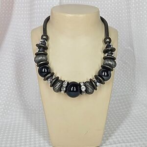 Bold Chunky Industrial Bling Beaded Collar Necklace - Black & Grey